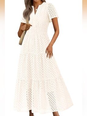 Women's Ivory Eyelet Maxi Dress with Smocked Waist